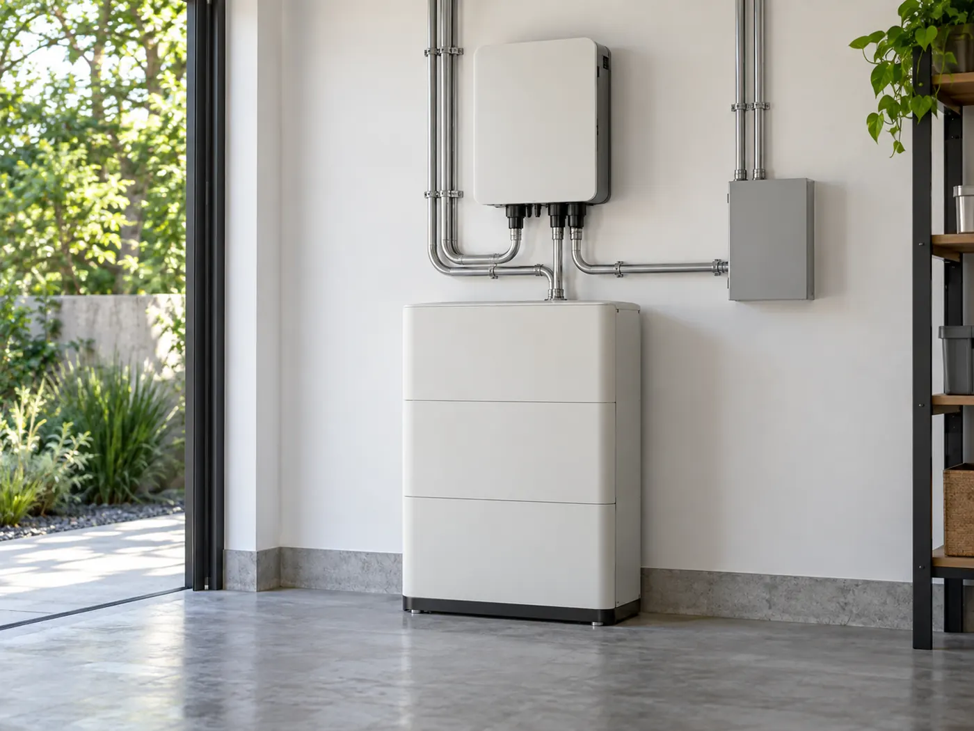 AI visualisation: home battery storage and inverter in a utility room