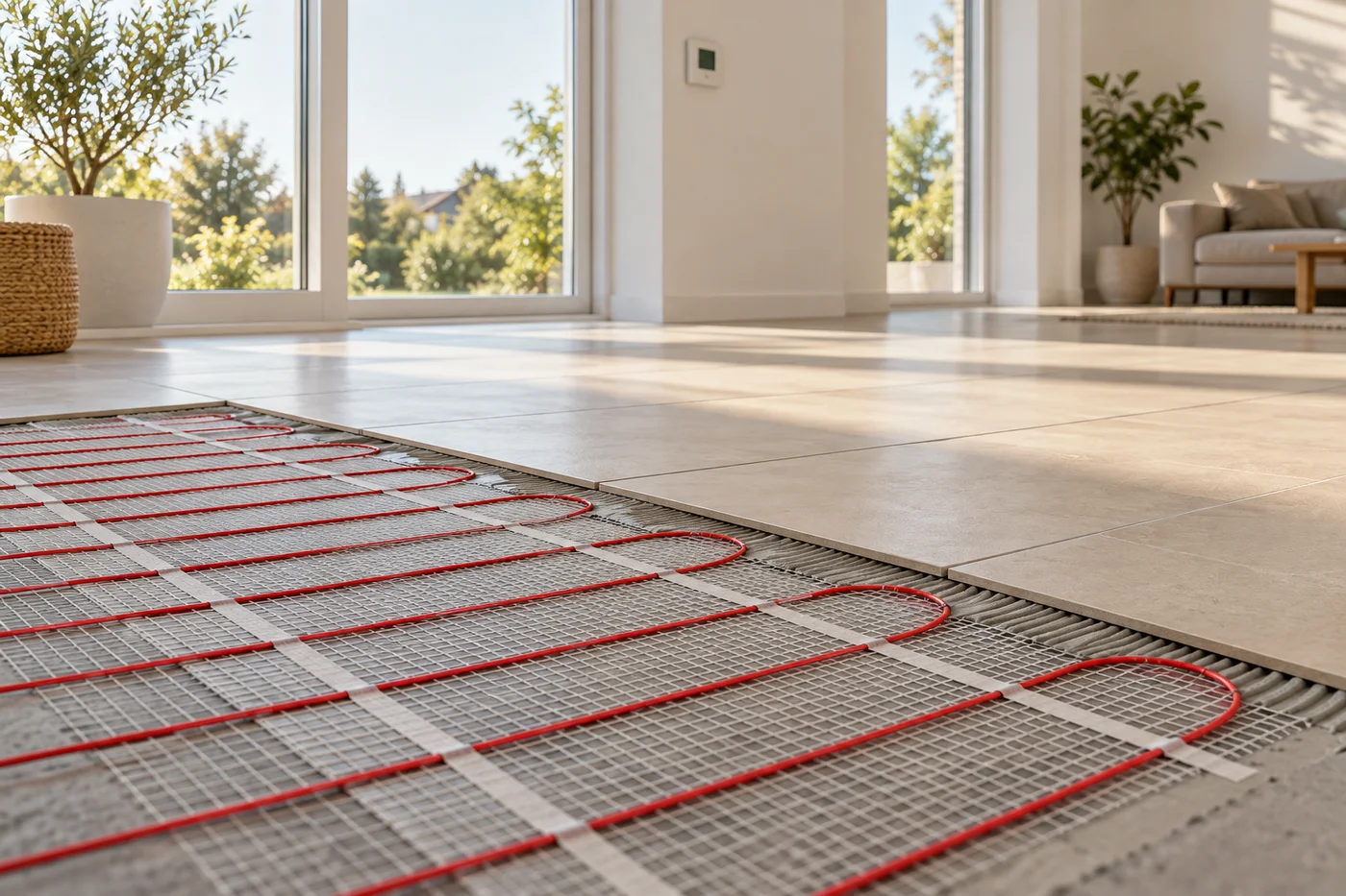 AI illustration: electric heating mat beneath the floor in a bright room