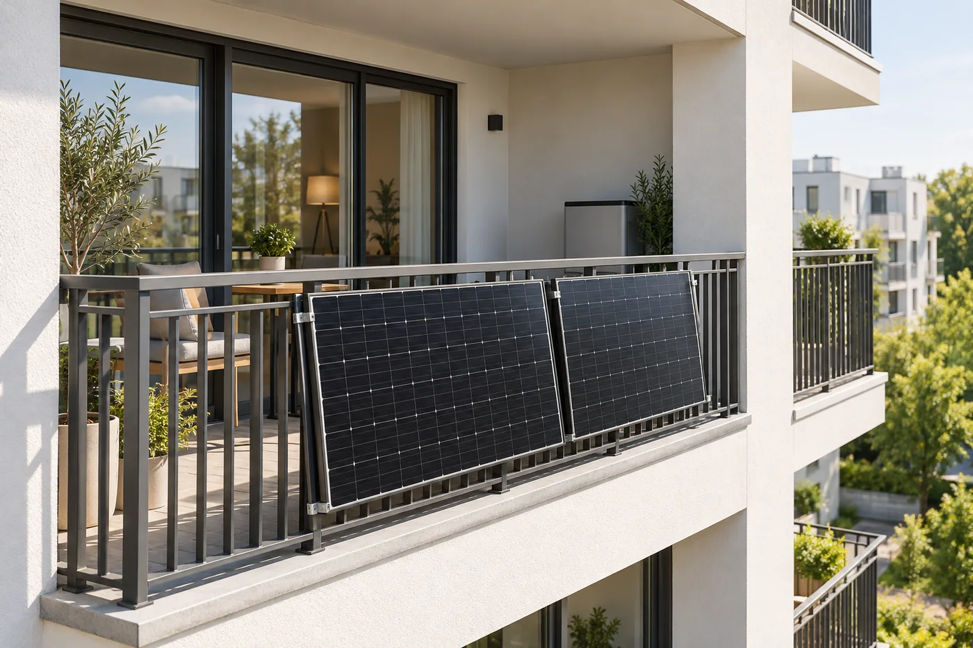 AI visualisation: solar panels on an apartment balcony with a small battery