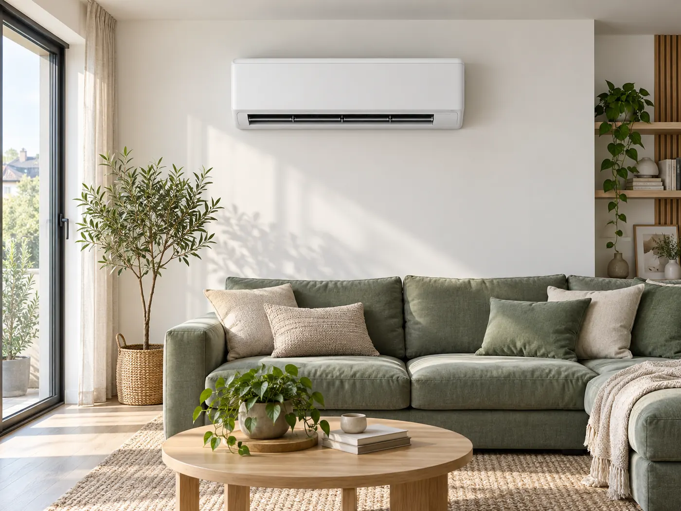 AI visualisation: wall-mounted air conditioner in a bright living room